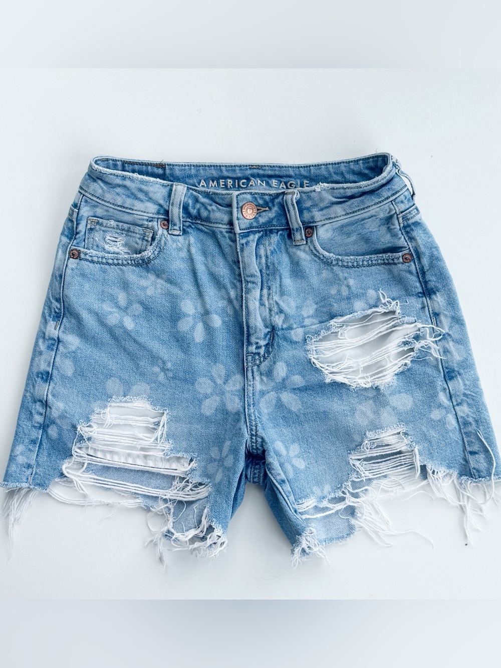 American Eagle Light Blue High Rise Floral Bleach Distressed Denim Shorts